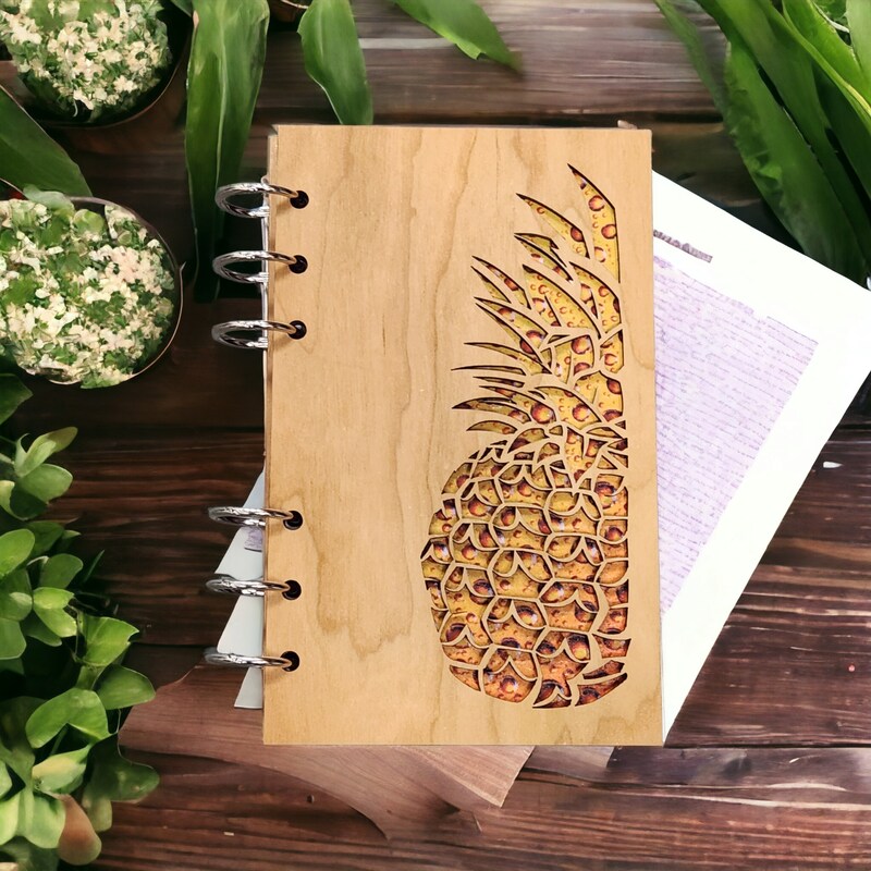Wood Refillable Notebook Journal - Pineapple Design - A6 paper